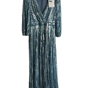 Mac Duggal Women’s 12 Formal Dress Long Sleeve V Neck Sequins Blue New 1338